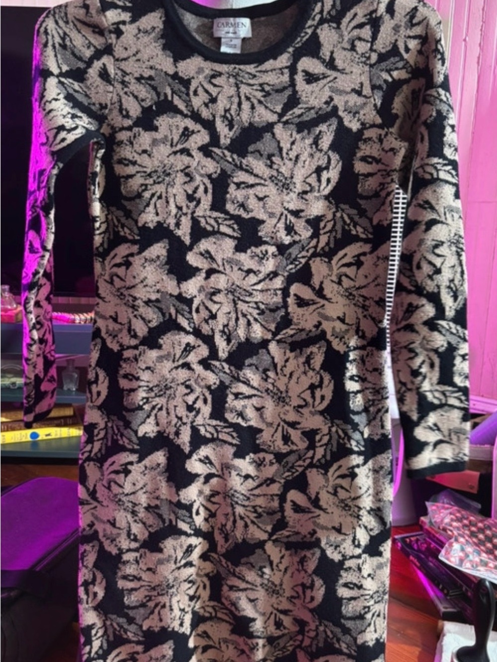 Carmen Marc Valvo Black Gold Metallic Floral Jacquard Knit Sweater Dress (S)